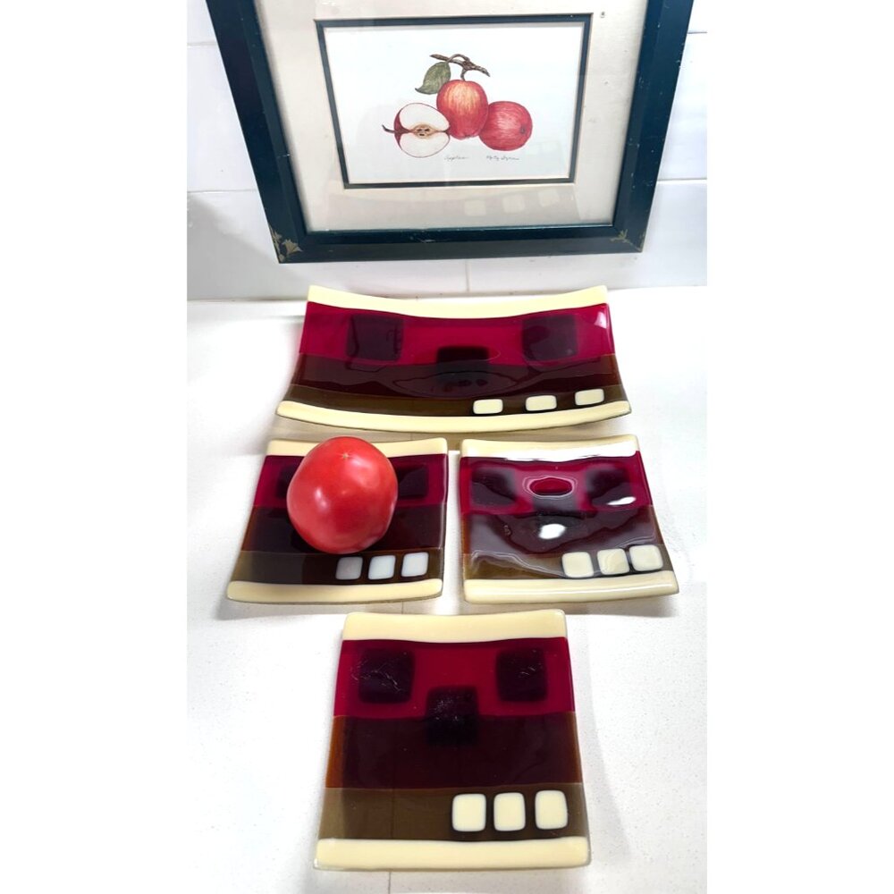 Fused Art Glass Set of 4 Dishes Sushi Style Retro Geometric Design Vtg